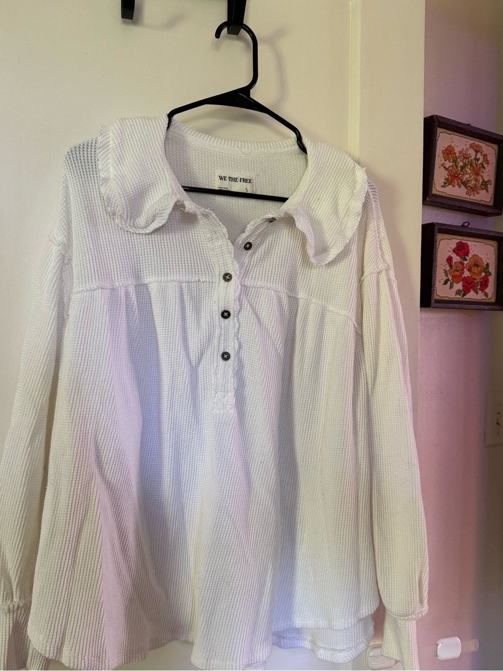 Free People White Waffle-Knit Button Henley with Collar